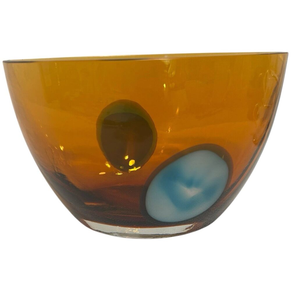 Art Glass Bowl Waterford 8” Amber Blue Swirl Hand Blown Modern Decor Rare